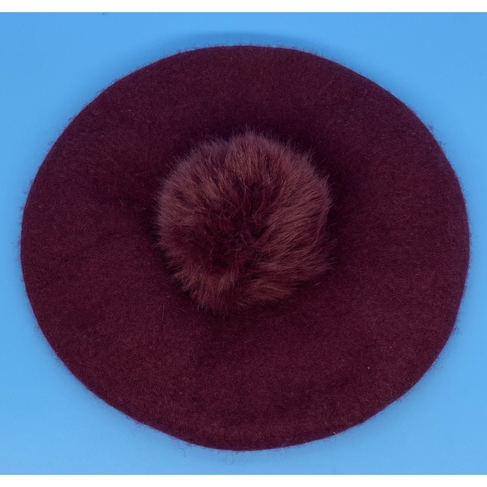 A NEW DAY 100% Wool French Beret Hat Burgundy with Pom Pom One size